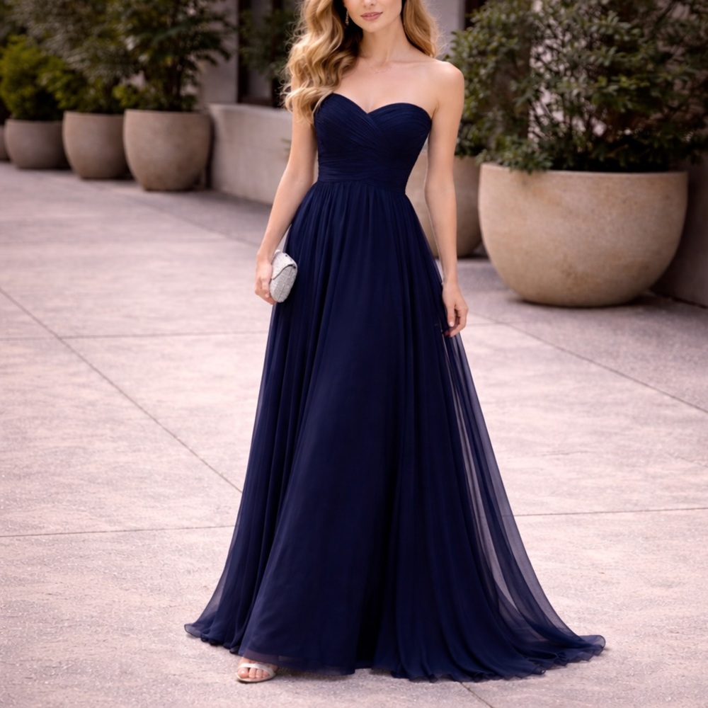 Lauren Ralph Lauren Navy Strapless Chiffon A-Line Gown